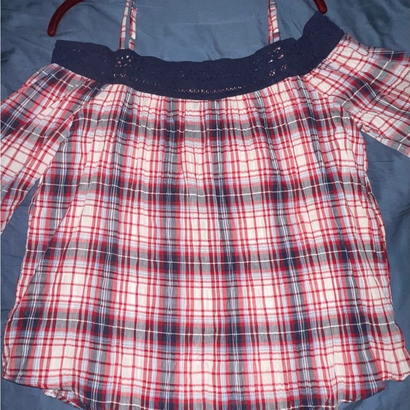 A. Byer Women's Off The Shoulder Red and White and Blue plaid - Picture 9 of 9